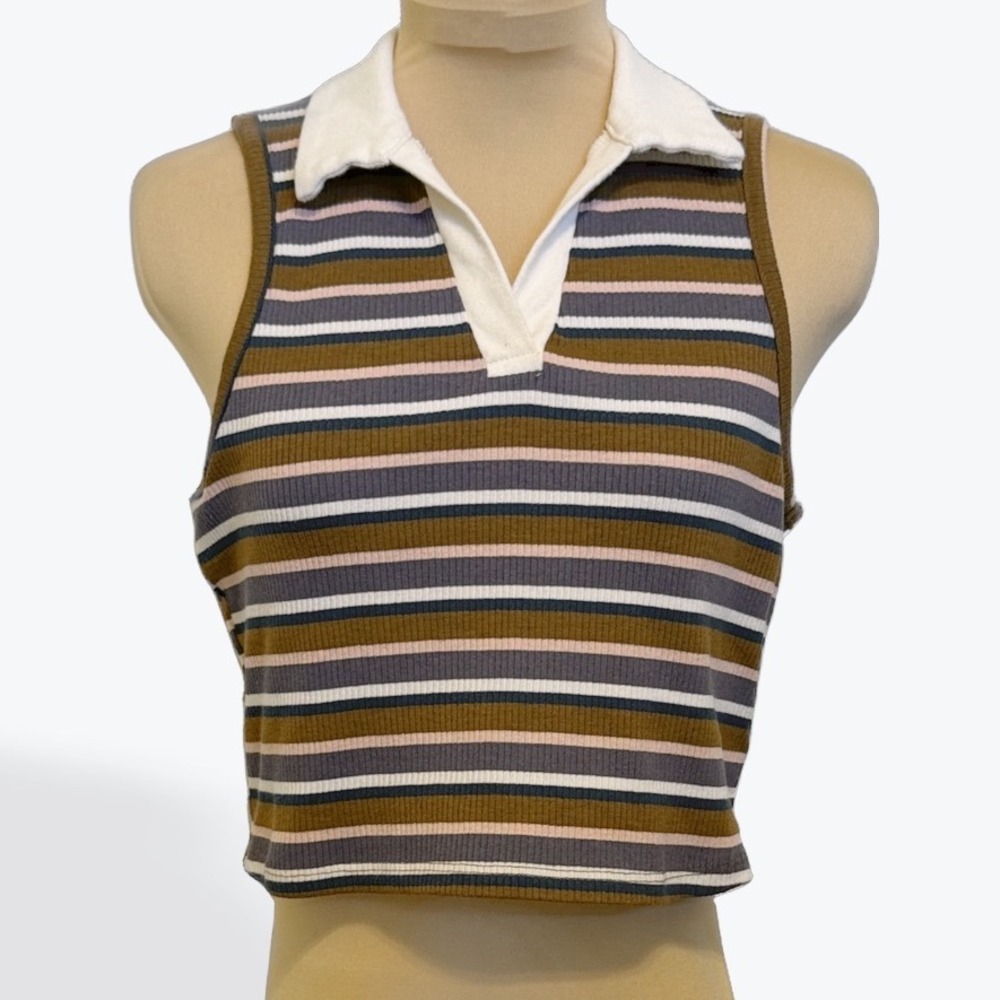 Originality Striped Ribbed Polo‎ Collar Crop Top Size S